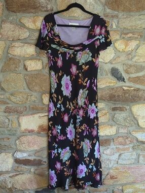 Donna Ricco 100% Silk Black Dress with Purple and Blue Floral Print